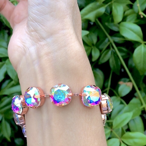 Jewelry - Aurora Borealis Cushion Cut Rose Gold Crystal Tennis Bracelet